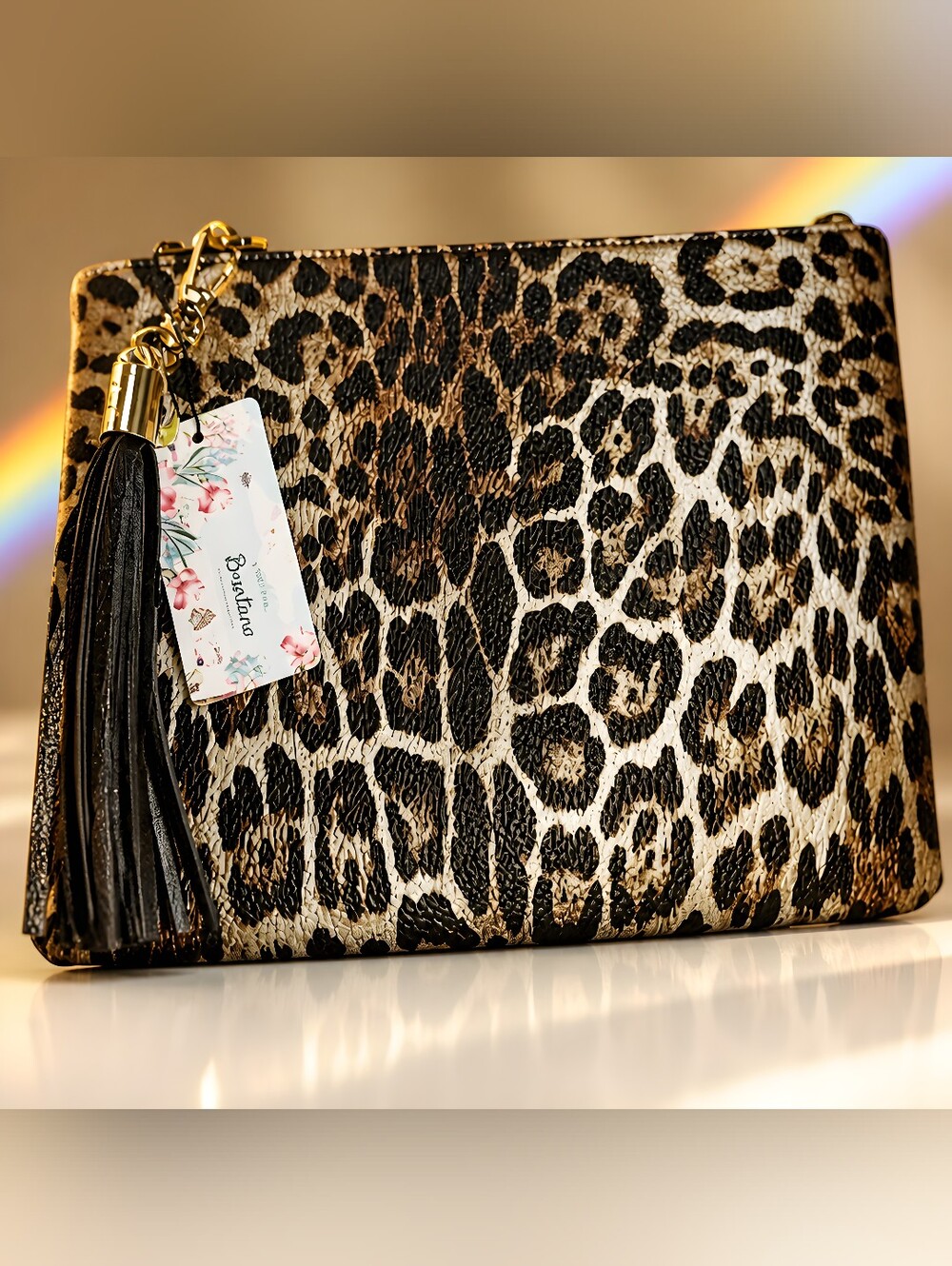 Brentano Leopard Print Tassel Clutch Bag Vegan Leather Animal Print NWT